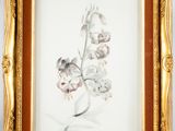 painting of a flower in a gold frame on a white wall