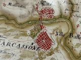 an old map of a city with a red tower on top of it