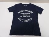 navy blue t - shirt with white print that says tadic and voltaire