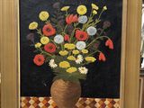 a painting of flowers in a vase on a table
