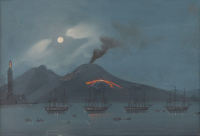 une image représentant un tableau où l'on voit des bateaux sur un plan d'eau, avec une montagne en arrière-plan