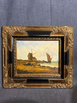 un tableau représentant un bateau sur un plan d'eau, à côté d'un tableau représentant une maison