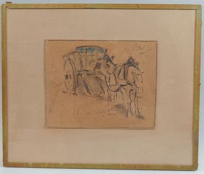 drawing of a horse drawn carriage being pulled by two men