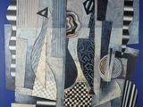 une image représentant un tableau sur fond bleu, avec un sol à carreaux noirs et blancs