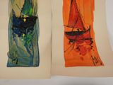 two paintings of a boat and a boat in the water