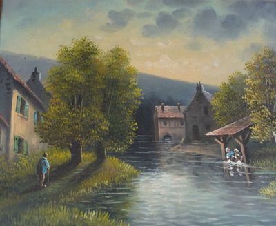a painting of a couple of people on a boat in the water