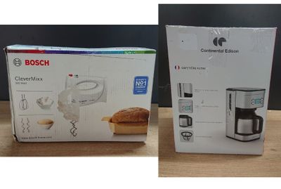 emballages d'une cafetière et d'un grille-pain posés sur une table
