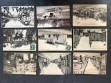 several old black and white photographs of people and vehicles in the snow
