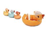 three stuffed animals in a row on a white background