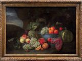 painting of a still life of fruit in a blue bowl on a table