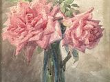 a painting of pink roses in a vase on a table