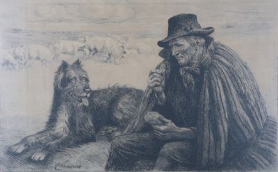 drawing of a man and a dog sitting on a beach