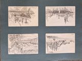 sketches of a landscape with a train, a house, and a bridge