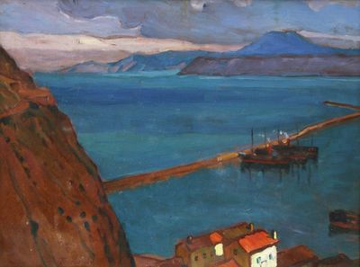 tableau représentant une vue d'un port avec des bateaux et des montagnes en arrière-plan