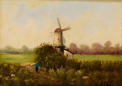 ECOLE MODERNE Paysage au moulin Huile sur panneau signé en b…