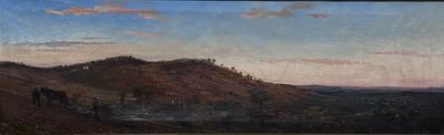 un tableau représentant un paysage de montagne avec des chevaux au premier plan