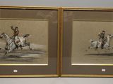 deux reproductions encadrées représentant un homme à cheval et une femme à cheval