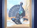 a picture of a painting of a peacock on a easel