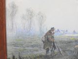 a painting of a man and a dog in a field