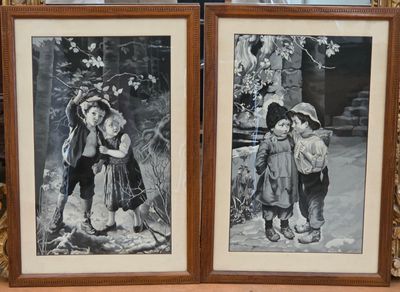 two black and white pictures of two children standing next to each other
