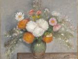 a painting of flowers in a vase on a table