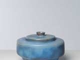 a blue bowl with a lid sitting on top of a table
