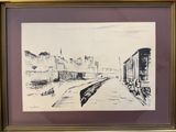 drawing of a train on the tracks in a city