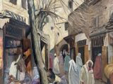 tableau représentant un groupe de personnes marchant dans une rue près d'un arbre