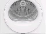 the front view of a white dryer with the door open