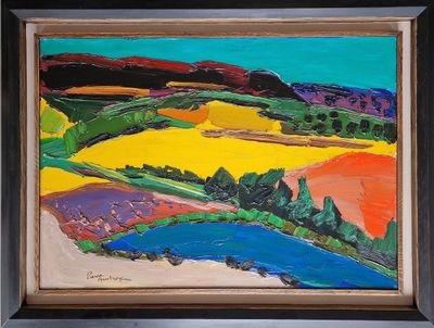 an oil painting of a landscape with a river in the foreground