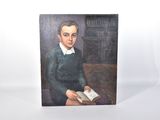 tableau représentant un homme assis sur un canapé, tenant un livre