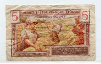 un ancien billet de 5 centimes français représentant une femme et un homme