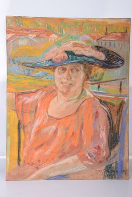 painting of a woman with a hat on her head sitting in a chair