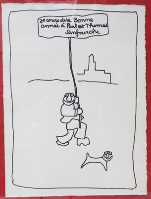 drawing of a man hanging from a rope with a sign above his head