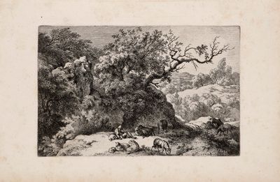 un vieux dessin en noir et blanc représentant un paysage de montagne avec des animaux