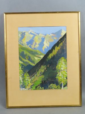 peinture représentant un paysage de montagne avec des arbres et des montagnes en arrière-plan