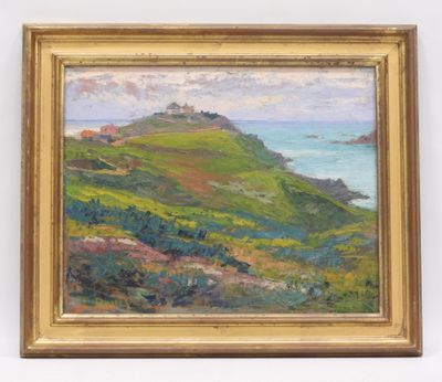 une peinture à l'huile représentant un paysage avec une colline et l'océan en arrière-plan