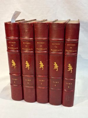 six red books with gold writing on them sitting on a white surface
