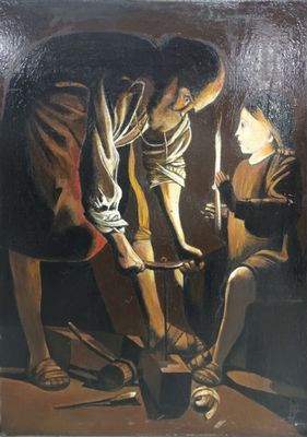 une peinture à l'huile représentant un homme penché sur la chaussure d'une femme