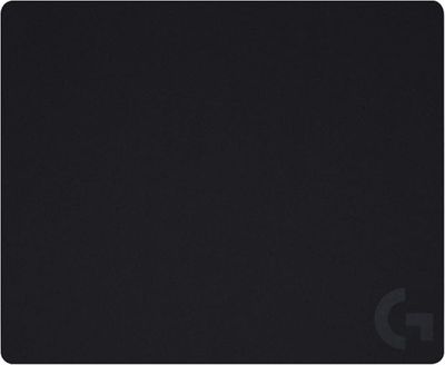 the mouse pad is black and has a white logo on it