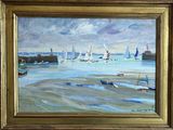 a painting of sailboats in the water on the beach