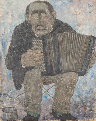 tableau représentant un vieil homme assis sur une chaise en train de jouer de l'accordéon