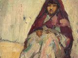 une peinture à l'huile représentant une femme vêtue d'un châle rouge, assise par terre