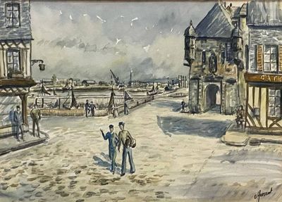 a painting of a man and a woman walking down the street