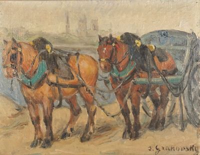 a painting of two horses pulling a carriage on the beach