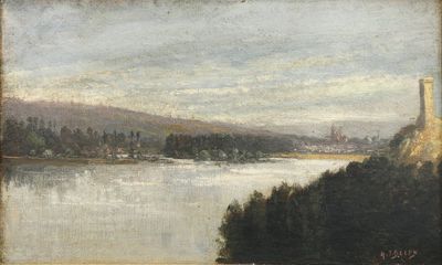 painting of a view of a river with a castle in the distance