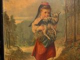 a painting of a little girl holding a cat in her arms