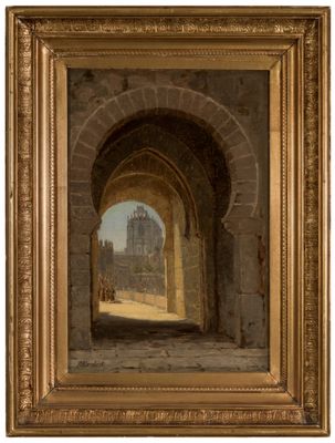an image of a painting of an archway with a building in the background