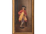 un vieux tableau représentant un homme vêtu d'un manteau et d'un chapeau rouges