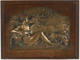 relief en bronze représentant une femme et un cerf dans un décor boisé